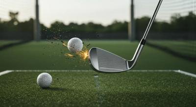 インパクト直後の瞬間を捉えたリアル風イラスト。クラブからボールが弾き出され、芝の欠片が舞う。背景は明るい練習場。ロゴは端に小さく配置。