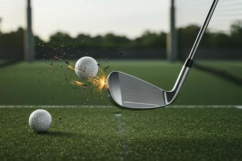 インパクト直後の瞬間を捉えたリアル風イラスト。クラブからボールが弾き出され、芝の欠片が舞う。背景は明るい練習場。ロゴは端に小さく配置。