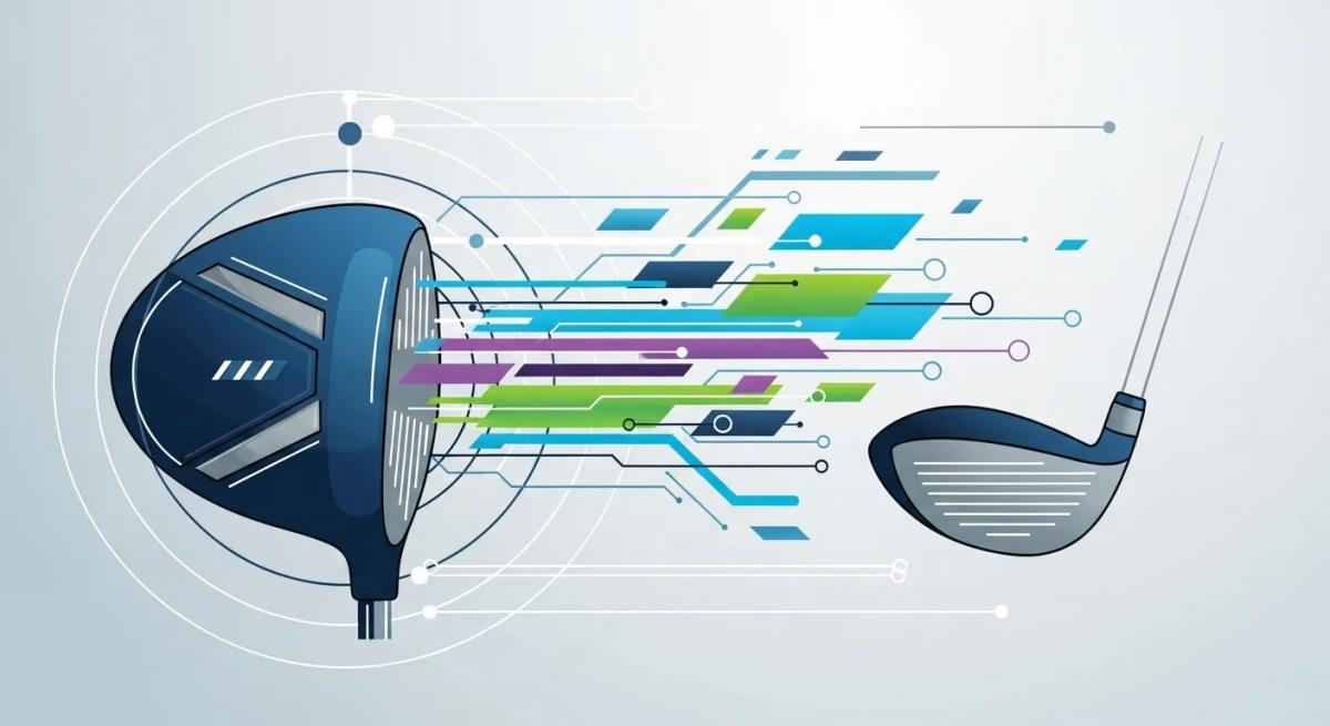 革新的なゴルフドライバーテクノロジーを象徴する抽象的なフラットデザイン。未来的な配色と滑らかな構成で、ブランドロゴが端に配置されている。