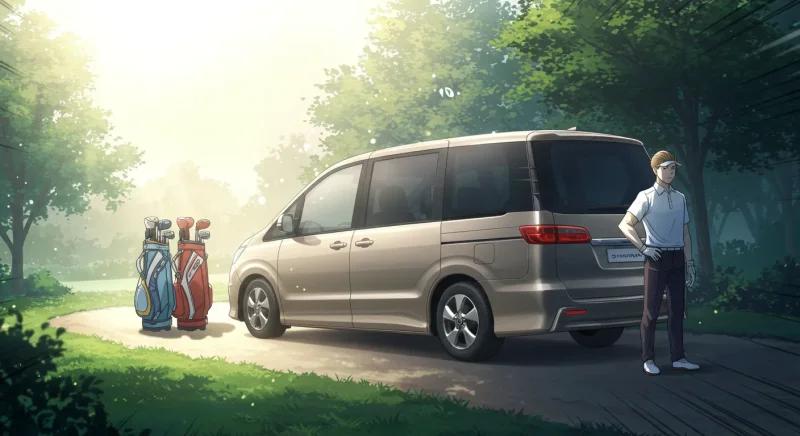 セレナ風ミニバンの荷室にゴルフバッグが整然と収まり、ゴルファーが満足げに立っている姿を描いた漫画風イラスト。