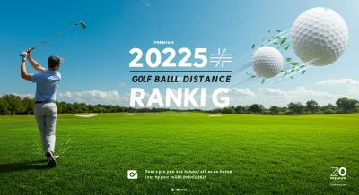 青空のゴルフコースでドライバーショットを放つ男性ゴルファーと、勢いよく飛んでいくゴルフボールのイメージ。「PREMIUM 2025 GOLF BALL DISTANCE RANKING」というタイトルが入ったアイキャッチ画像。