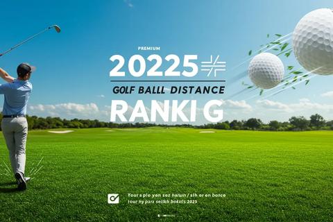 青空のゴルフコースでドライバーショットを放つ男性ゴルファーと、勢いよく飛んでいくゴルフボールのイメージ。「PREMIUM 2025 GOLF BALL DISTANCE RANKING」というタイトルが入ったアイキャッチ画像。