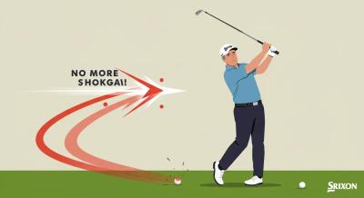 フック弾道を斬り消し、真っ直ぐ叩きに行く40代ゴルファーの抽象的イラスト。SRIXON ZXiドライバーと直進弾道が強調されている。