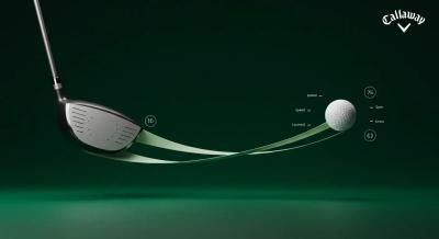深いグリーン背景に、抽象化したドライバーとボール軌道、端に小さなCallawayロゴを置いたアイキャッチ画像