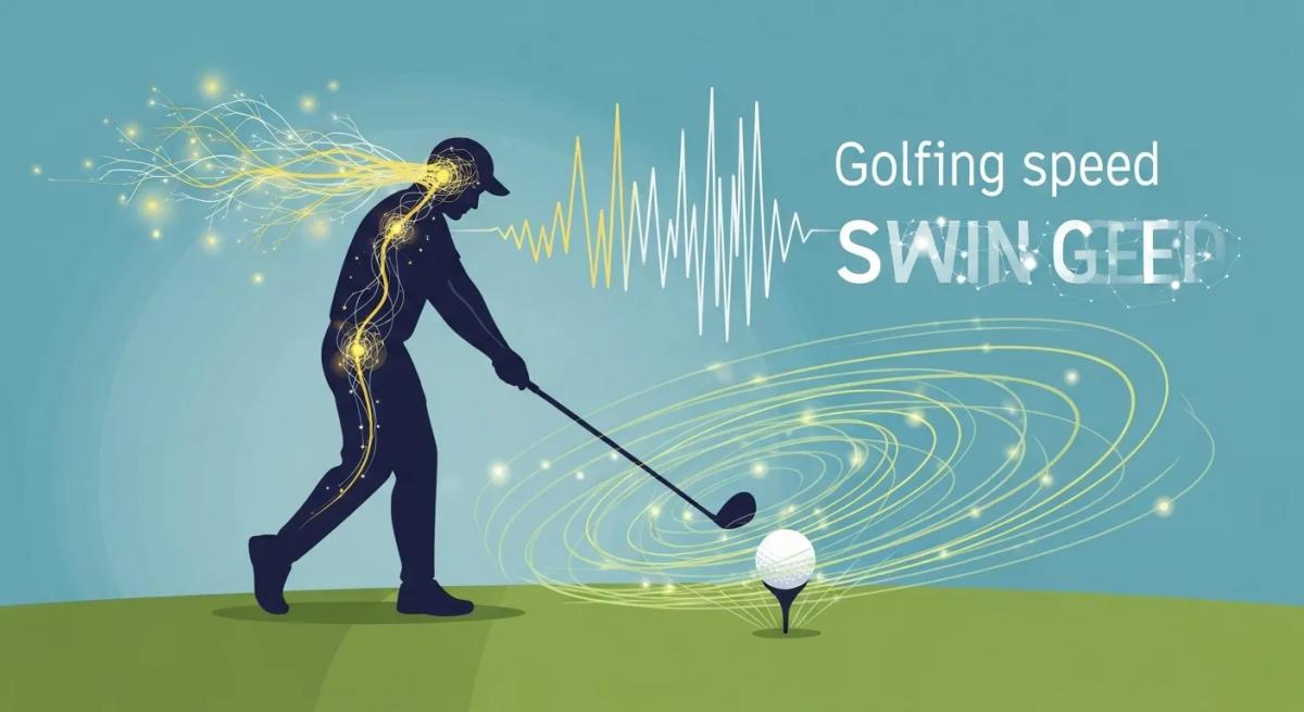 スイングスピード向上のためのトレーニングや集中力をイメージしたフラットデザイン。動きのあるゴルファーのシルエットとエネルギー波や脳波を象徴する抽象要素。統一感ある青緑系で、端にロゴ。