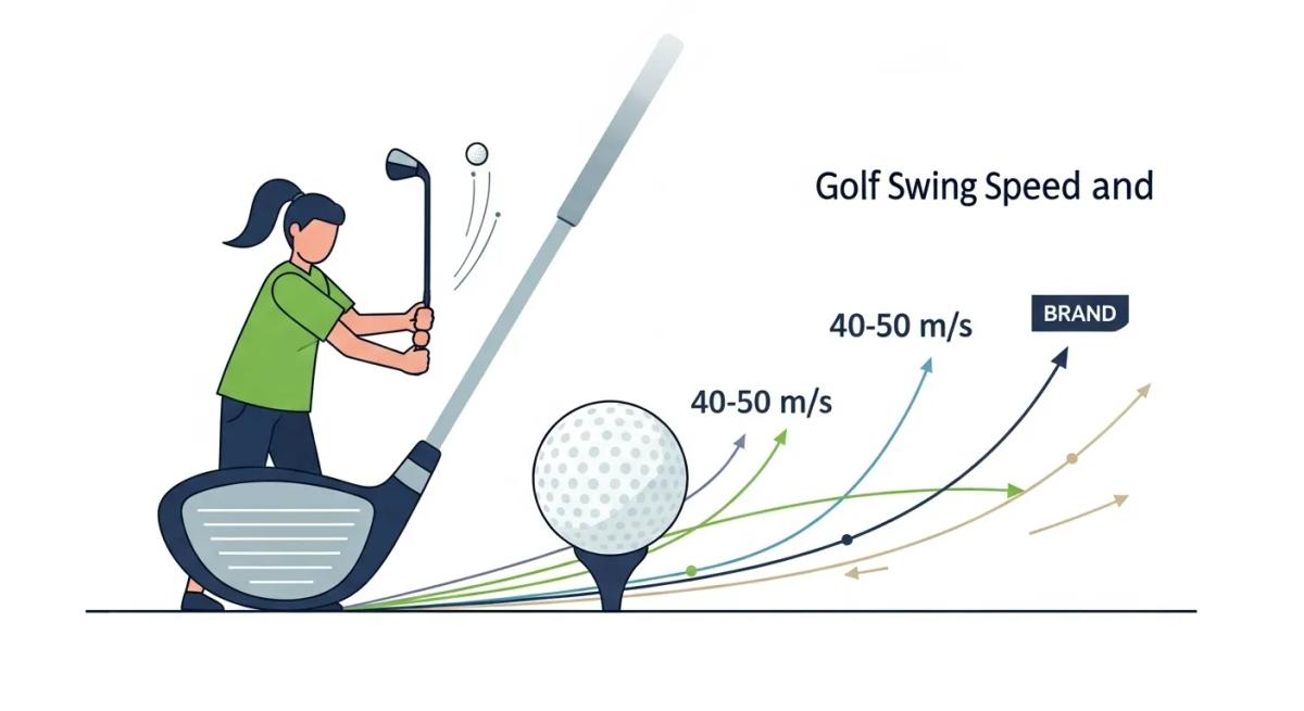 ゴルフのスイングスピードと飛距離の関係を表現したフラットデザインのイラスト。ドライバー、ゴルフボール、スイング軌道や飛距離曲線などをシンプルなベクタースタイルで描いた構成。落ち着いた緑や青系の色調で統一し、画像端にブランドロゴを小さく配置。