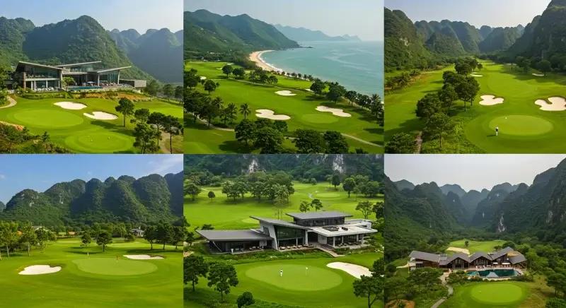 ベトナムの人気ゴルフ場5選を風景ごとに並べたモンタージュ画像（山・海・森林・クラブハウス）