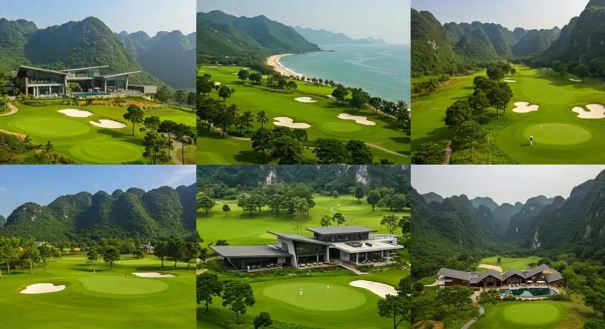 ベトナムの人気ゴルフ場5選を風景ごとに並べたモンタージュ画像（山・海・森林・クラブハウス）