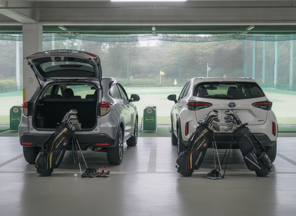 駐車場に並んで停まっているホンダ・ヴェゼルとトヨタ・ヤリスクロス
