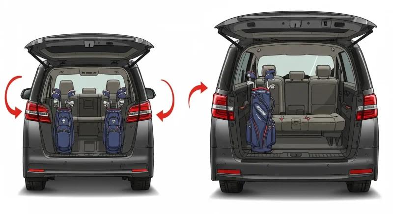 40系風・30系風・他社ミニバンのリア断面を横並びにし、荷室形状とゴルフバッグの入り方の違いを示した漫画風比較イラスト。