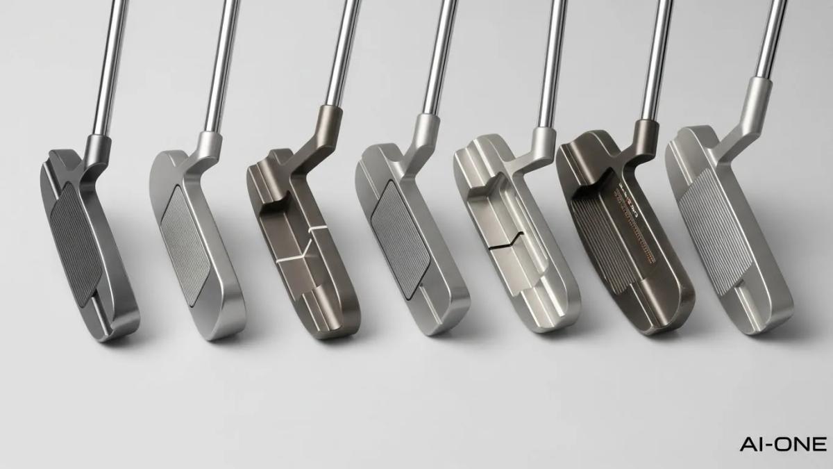 Ai-ONE を選ぶ明確な理由を象徴的に示すため、複数の一般的なパター形状を並べ、デザイン哲学の違いを抽象的に表現したイメージ。特定モデルを特定できる要素は避け、Ai-ONE を示す一般形状にはバランスの良さや精密さを感じさせ、他の形状はわずかな調和の差で比較感を演出。色調とタッチは統一し、ロゴは画像端に1箇所のみ配置。被写体にはロゴを入れない。