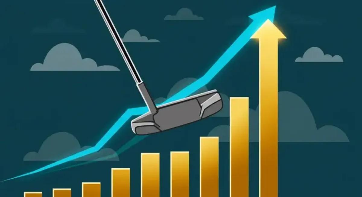 ローアングルで金貨の上に立つセンターシャフトパターと上昇矢印を組み合わせ、資産価値の伸長を表す抽象イメージ