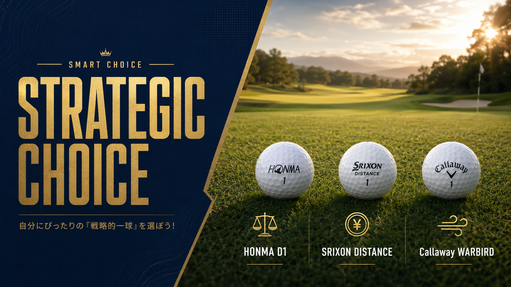 自分にぴったりの戦略的なゴルフボール選びを象徴する画像。芝生の上にHONMA D1、SRIXON DISTANCE、Callaway WARBIRDを並べ、コスパ、安さ、強風対策の選択肢を表現している