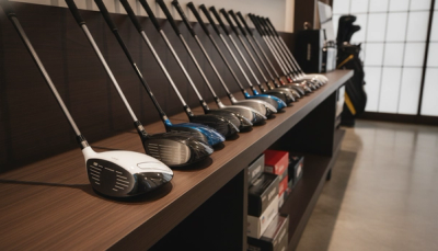 中古クラブ専門店に並ぶ、状態の良い人気ドライバーの列。品質と価値を表現した一枚。
