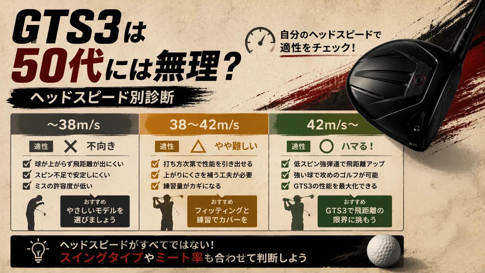 GTS3が50代に合うかをヘッドスピード別の適性診断として表現した画像