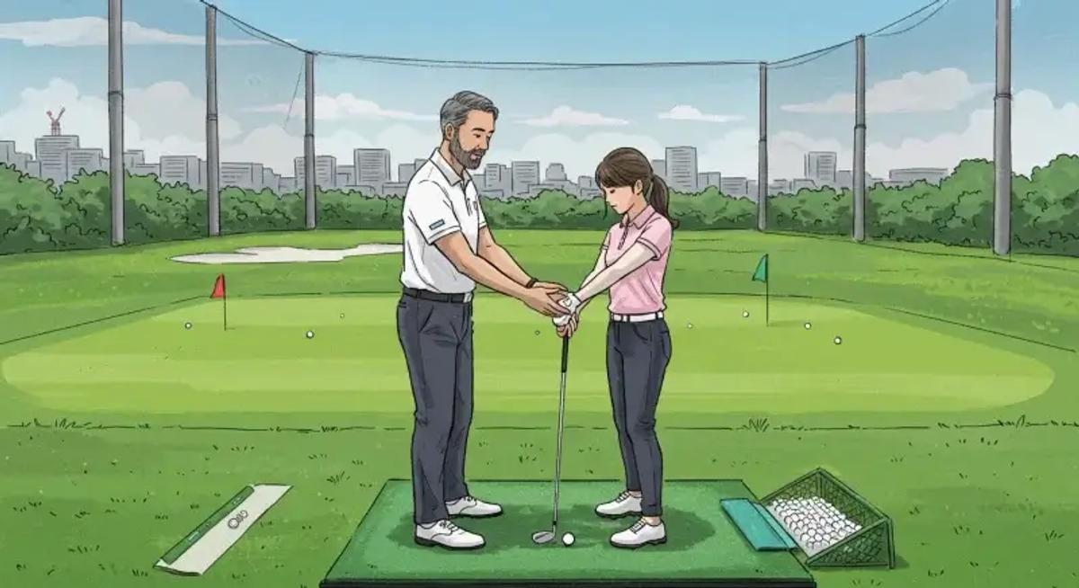 初心者に個人レッスンをするプロゴルファーの様子