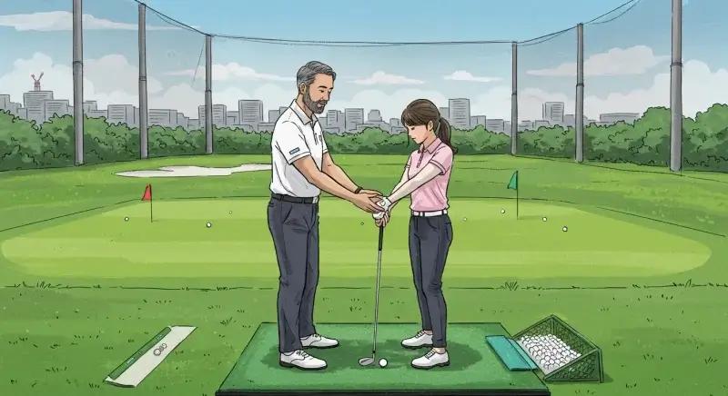 初心者に個人レッスンをするプロゴルファーの様子