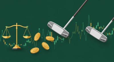 中古センターシャフト名器の選び方とブランド別相場観を象徴する抽象イラスト。ヘッド中央から伸びるシャフトのシルエットを斜め配列で並べ、コイン・天秤・価格変動ラインで価値と比較を表現