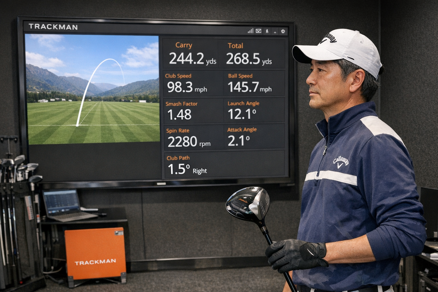 HS40m/s前後の男性ゴルファーが弾道計測でドライバーを試打する様子