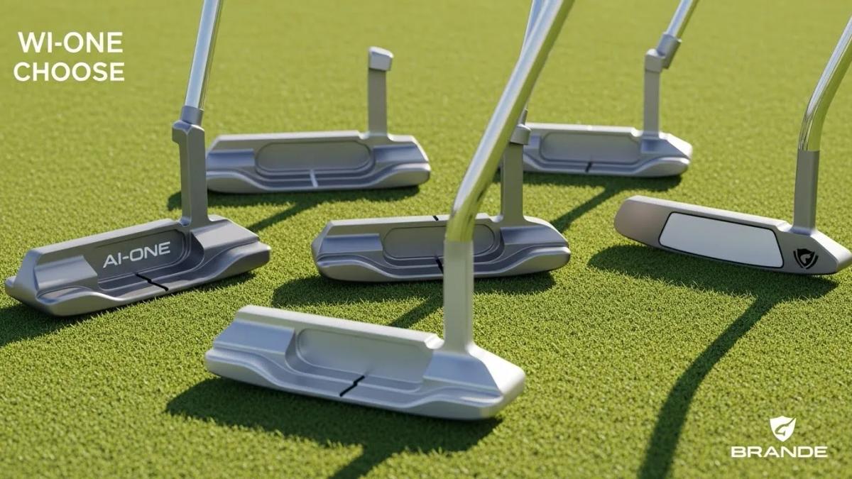 Ai-ONE を中古で賢く手に入れるための、選び方と相場感を象徴的に表現したイメージ。特定モデルが特定できない一般的なパター形状を複数並べ、状態差や選択の幅を暗示的に示す構成。落ち着いたトーンで比較・吟味の雰囲気を演出。ロゴは画像端に1箇所のみ配置し、被写体には入れない。