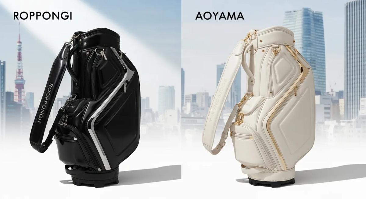 六本木と青山を象徴する2つのラグジュアリーゴルフバッグが、都会的な東京の空間に対比的に配置されている。洗練された照明と統一感のある質感が印象的。