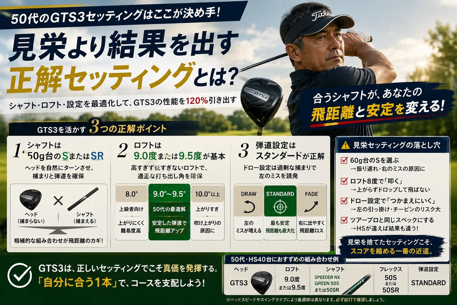 軽く柔らかいシャフトがGTS3の安定性と飛距離を高める考え方を示す画像
