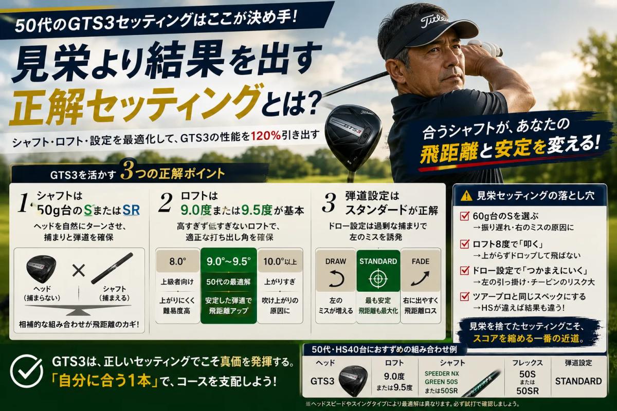 軽く柔らかいシャフトがGTS3の安定性と飛距離を高める考え方を示す画像
