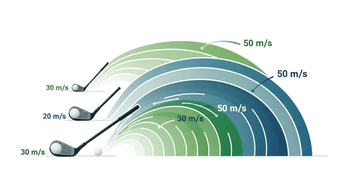 スイングスピード別の飛距離をイメージ的に表現したフラットデザインのイラスト。30〜50m/sを示すような軌道の重なりやグラデーションで距離感を表現。青緑系の色調で統一し、端にロゴを配置。