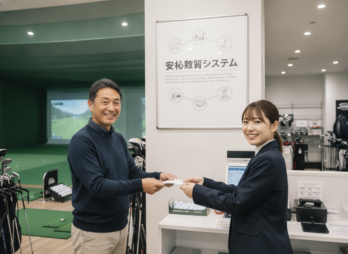 中古クラブ専門店のレジで、保証サービスの説明を受けて安心した表情の男性客。