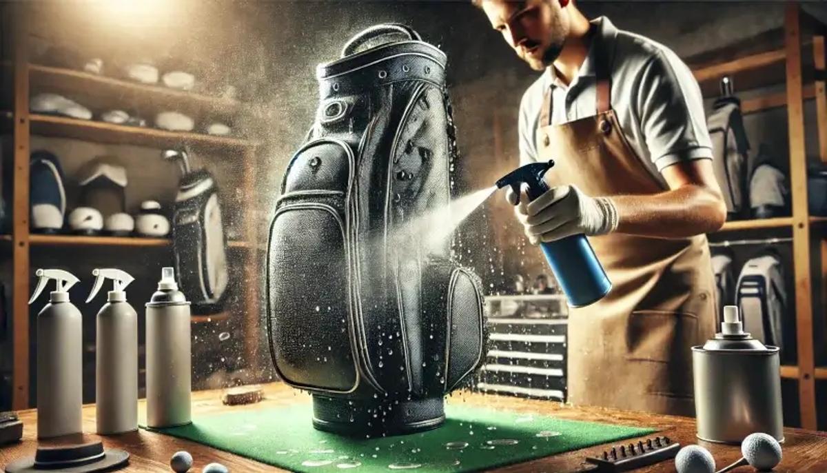 a man spraying a golf bag