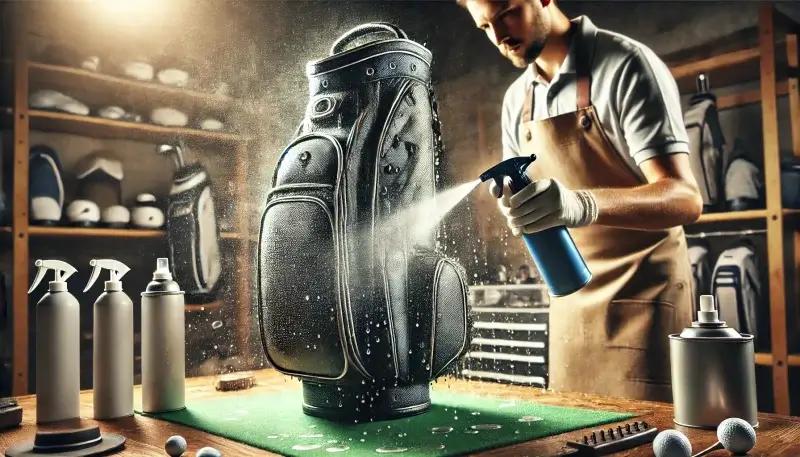 a man spraying a golf bag
