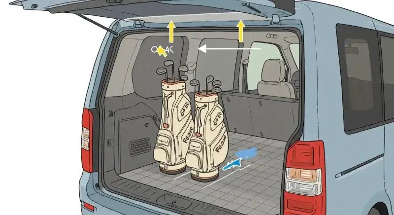 ノア風ミニバンを透視図的に描いた半抽象漫画風イラスト。荷室は格子状に簡略化され、ゴルフバッグの一つが天井に迫っている様子を矢印で示す。