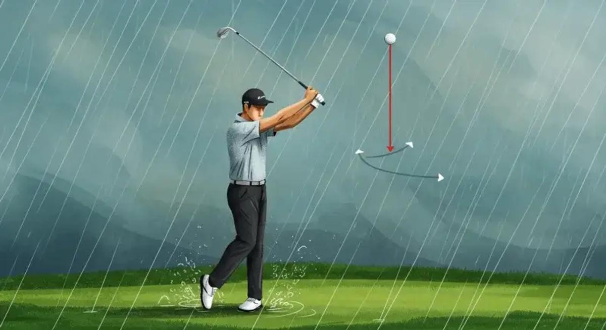 雨天ゴルフで飛ばない原因を示す抽象的イラスト｜濡れたスイング時の問題と対処法の視覚解説