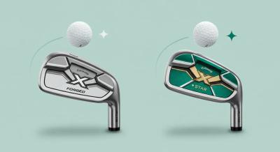 FORGED（シルバー）とSTAR（エメラルド＋淡金）を並べ、各ボールの軌道を明るく表示。背景はミント〜白、ミドル〜ワイドで見やすい。