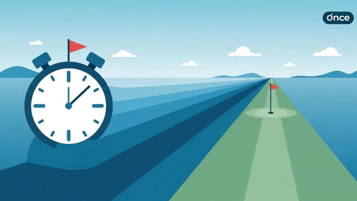 ゴルフ上達に時間がかかる現実を、奥行きのあるコースと抽象的な構図で表現したフラットイラスト。