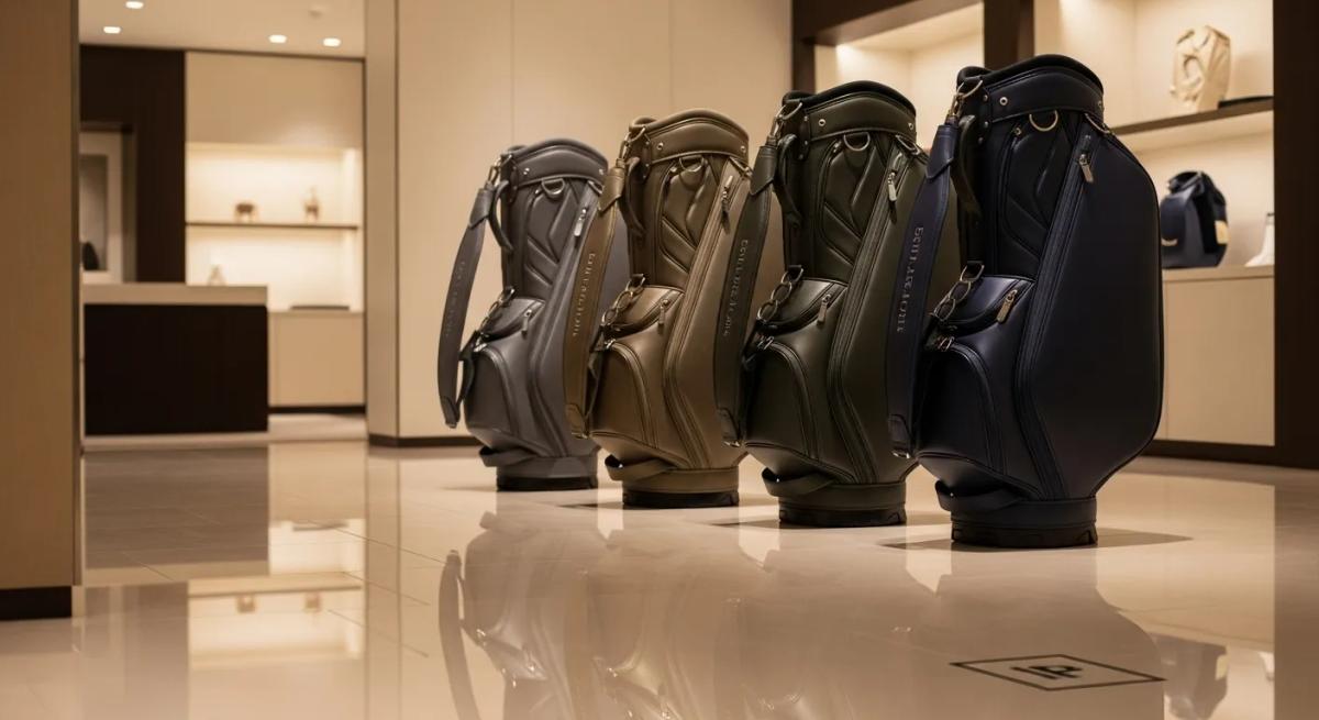 東京の洗練されたショールームに並ぶプレミアムゴルフバッグのラインナップ。落ち着いた照明と反射が上品な雰囲気を演出し、画面端にブランドロゴが配置されている。