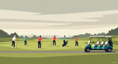 柔らかな曇天トーンのフラットイラストで描かれた広いフェアウェイ。5人のゴルファーが間隔をあけて配置され、カート道付近に特定不能な5人乗りカートのシルエットを示唆。ネガティブスペースを多く取り、統一パレットでテキストなし。ブランドロゴは右下端の芝の余白に極小で1箇所、被写体と重ならない。