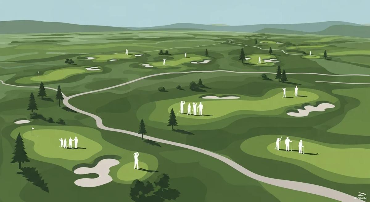 起伏のある複数ホールを俯瞰したフラットイラスト。各ホールに小さなシルエットのグループが点在し、間隔で5人組と分かる配置。文字・記号なしで分類感を演出。シリーズ共通の落ち着いたパレット。ロゴは右下端のラフまたは道の余白に小さく1箇所。