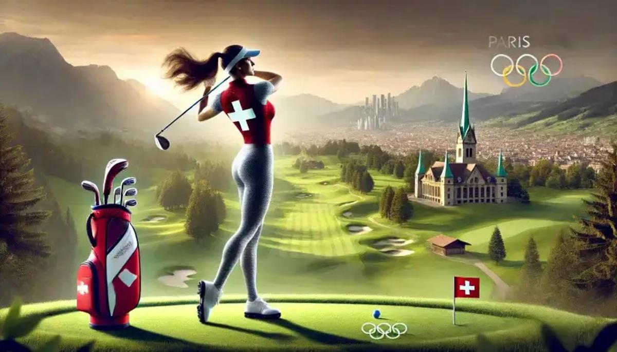 2024年パリオリンピックで、スイスのゴルファー、モルガン・メトローがゴルフコースで力強いスイングを見せているシーン。背景には緑豊かなLe Golf Nationalが広がり、晴天の下でスポーツに集中している姿が描かれています。彼女はスイス国旗の赤と白を取り入れたスタイリッシュなゴルフウェアを着用し、スポーツへの情熱とナショナルプライドを象徴しています。