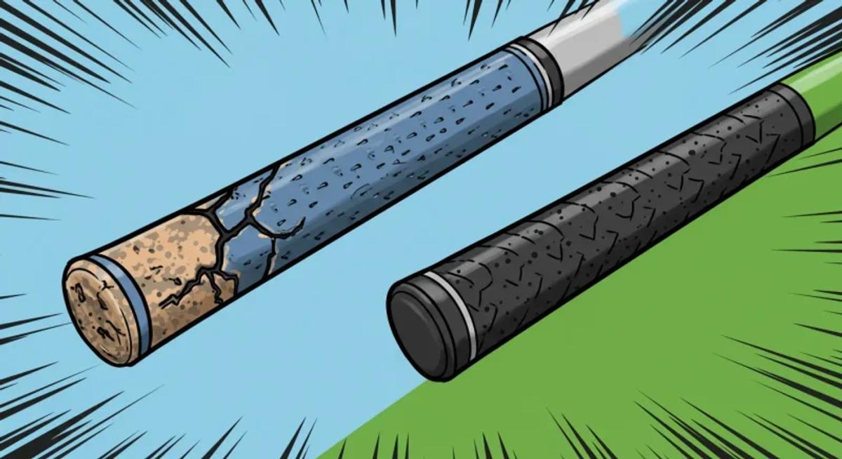 古いグリップと新しいグリップが対比され、輪郭の強い漫画風に描かれている。交換時期の重要性を表現。