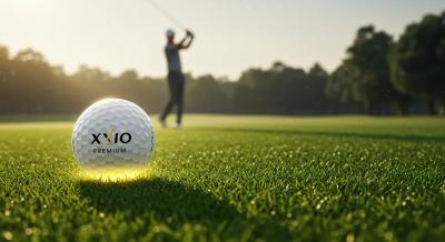 ゼクシオ プレミアムのゴルフボールを主題に、朝のフェアウェイに輝く高級感あふれるイラスト。遠くにスイング中のゴルファーをぼかして描写。隅に小さくロゴが入っている。