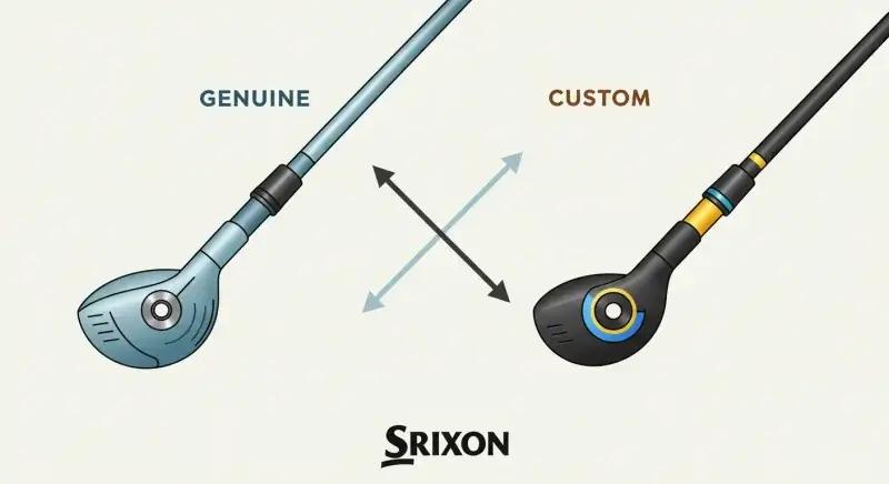抽象的なゴルフドライバーとカスタム・純正を示す記号や矢印、隅にSRIXONロゴがあるイメージ図
