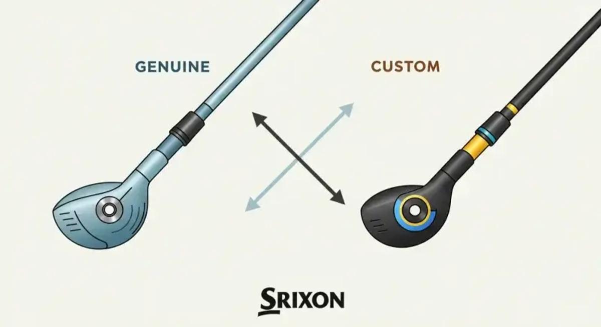 抽象的なゴルフドライバーとカスタム・純正を示す記号や矢印、隅にSRIXONロゴがあるイメージ図