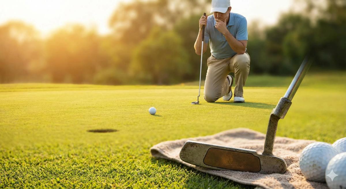 グリーンの傾斜を真剣に読み、戦略を練るゴルファーの足元。道具よりも思考を重視する姿勢。