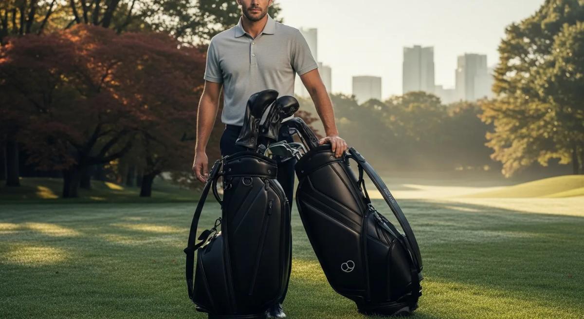 東京の静かな朝の風景の中、自信に満ちたゴルファーが一つの洗練されたゴルフバッグの横に立つ。柔らかな光と統一された質感が印象的なラストシーン。