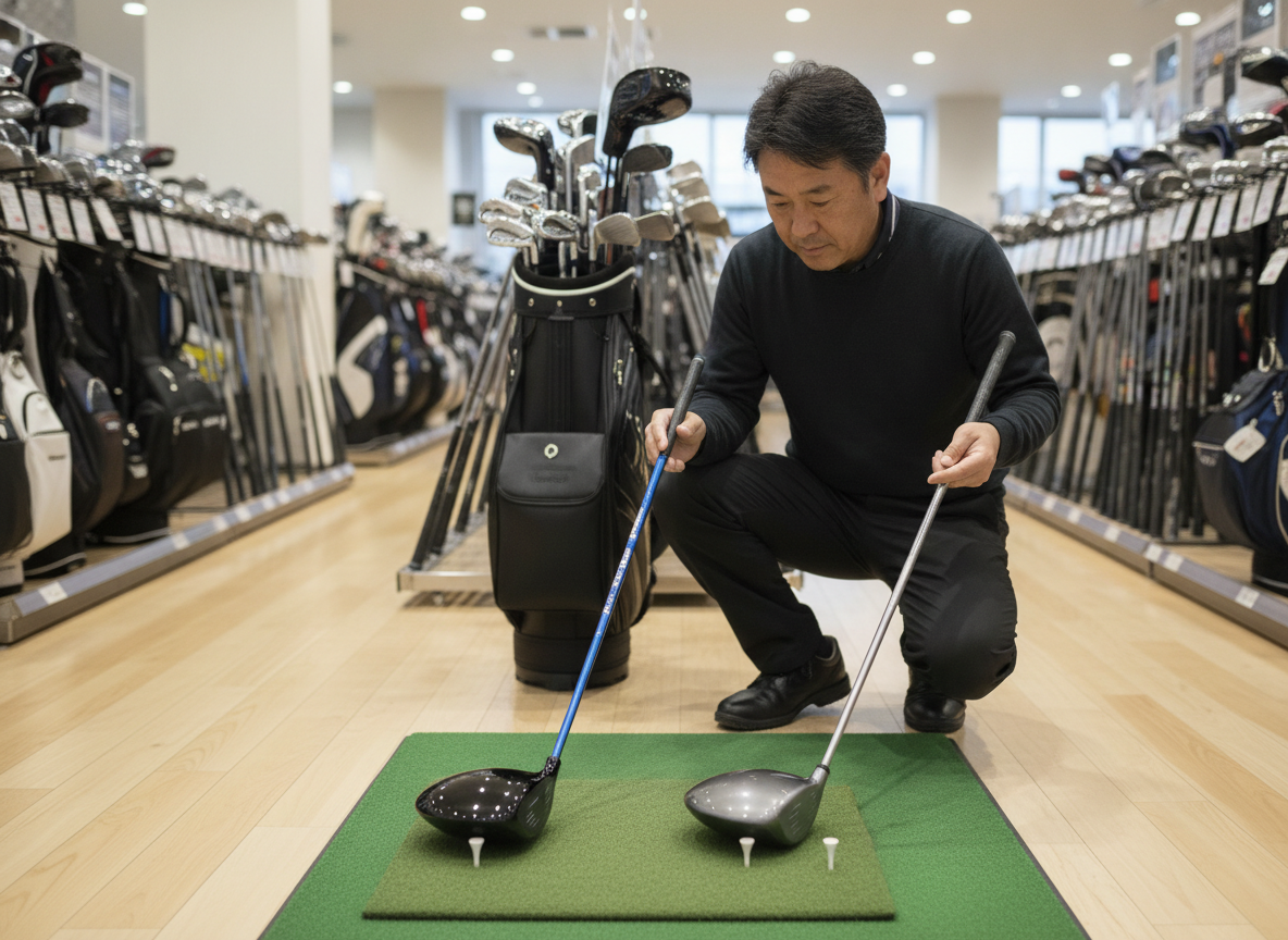ゴルフショップで2本の中古ドライバーを比較検討している40代の男性ゴルファー