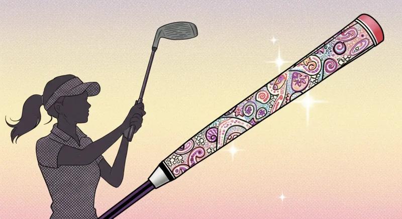 女性ゴルファーのシルエットがグリップを握り、周囲にキラキラが舞う。おしゃれさを強調したポップな漫画風イラスト。