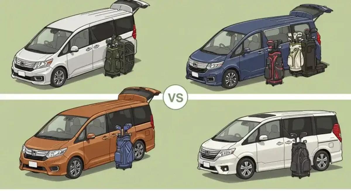 ステップワゴンとライバル車アルファード、セレナ、ノアのトランクを上から見た視点で比較し、ゴルフバッグ収納を描いたイラスト