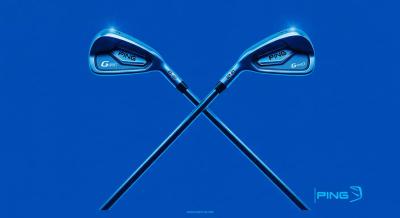 PING G430とG440アイアンの抽象的な比較イメージ。背景にグリーン系のグラデーション、PINGロゴ入り。