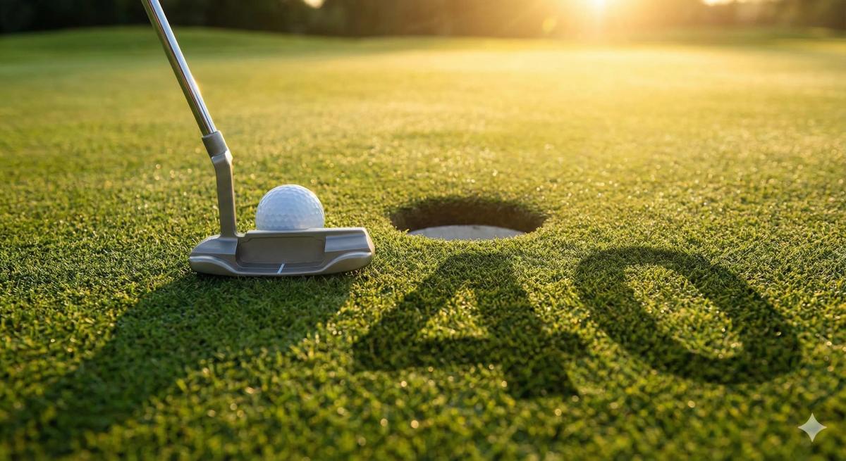 グリーン上のカップのそばに止まったゴルフボールとパター。現実的な目標パット数をイメージ。